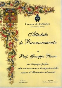 Riconoscimento del Comune di Umbriatico al Prof. Pisano per la realizzazione del libro e del dvd sui templari